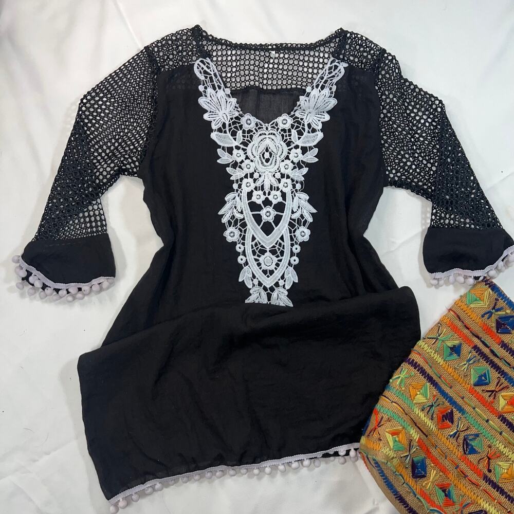 Boho Embroidered Black White Tunic Crochet Sleeve Festival Beach Cover Up Size L